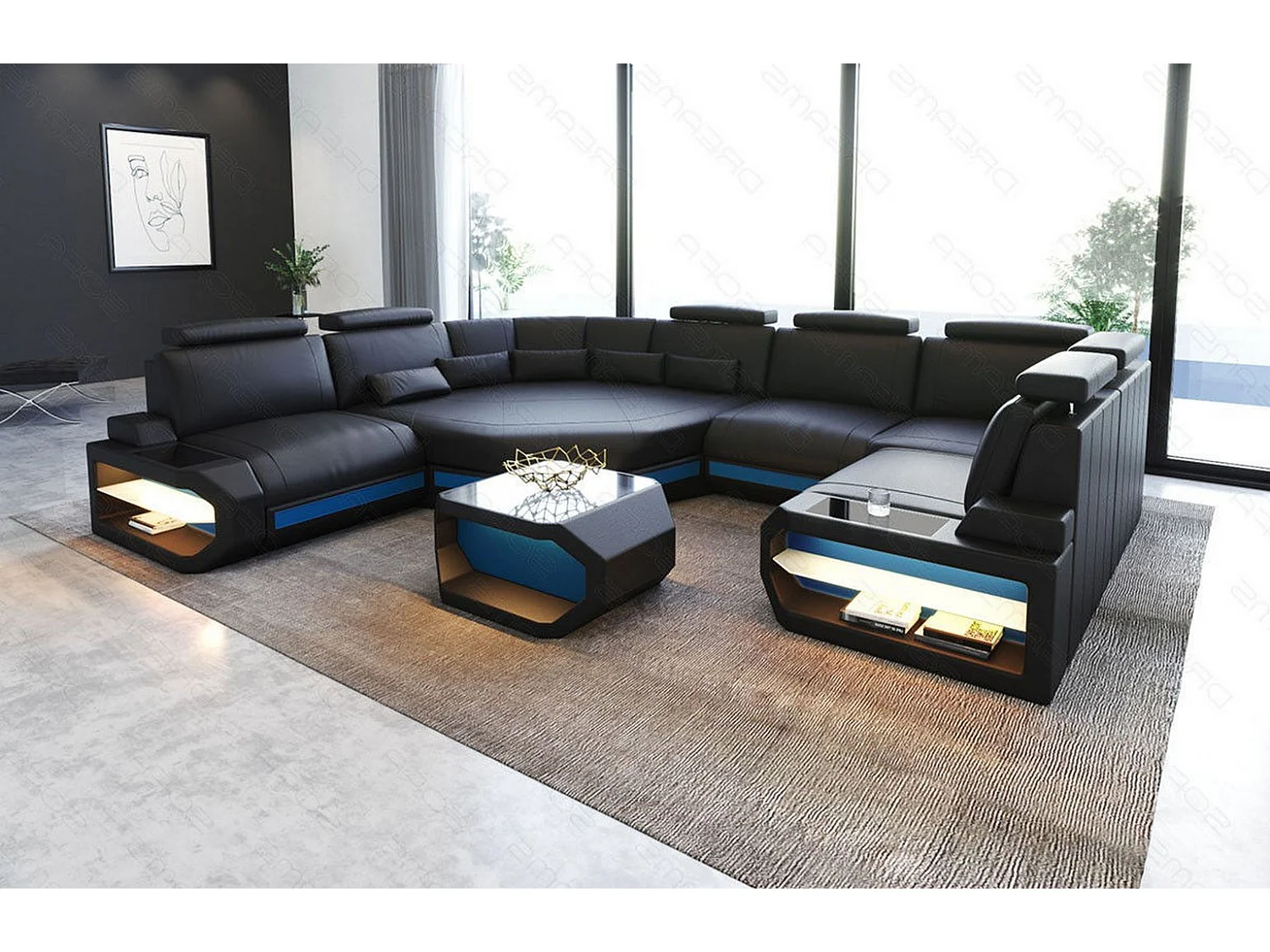 Mini Sofa Asti U Leder Echtleder Schwarz Blau Links