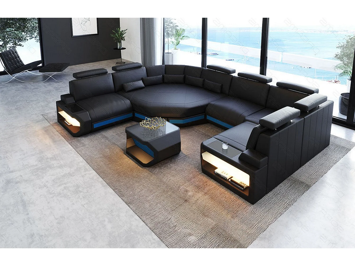 Mini Sofa Asti U Leder Echtleder Schwarz Blau Links