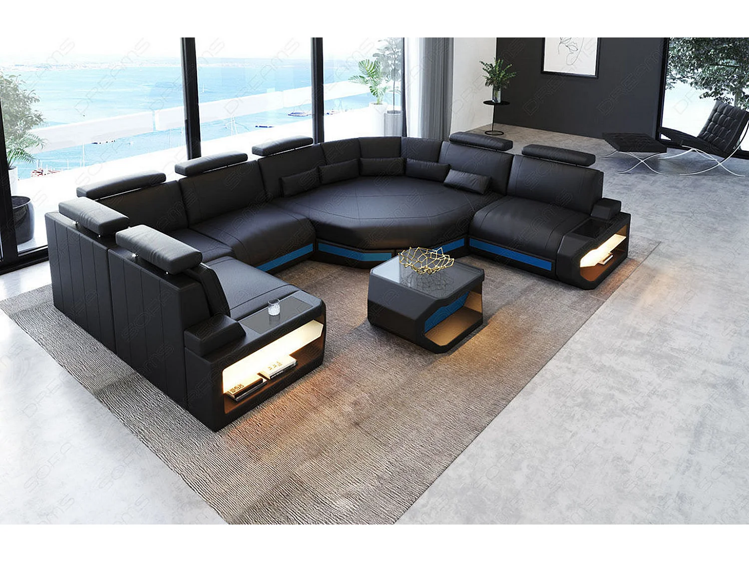 Mini Sofa Asti U Leder Echtleder Schwarz Blau Rechts