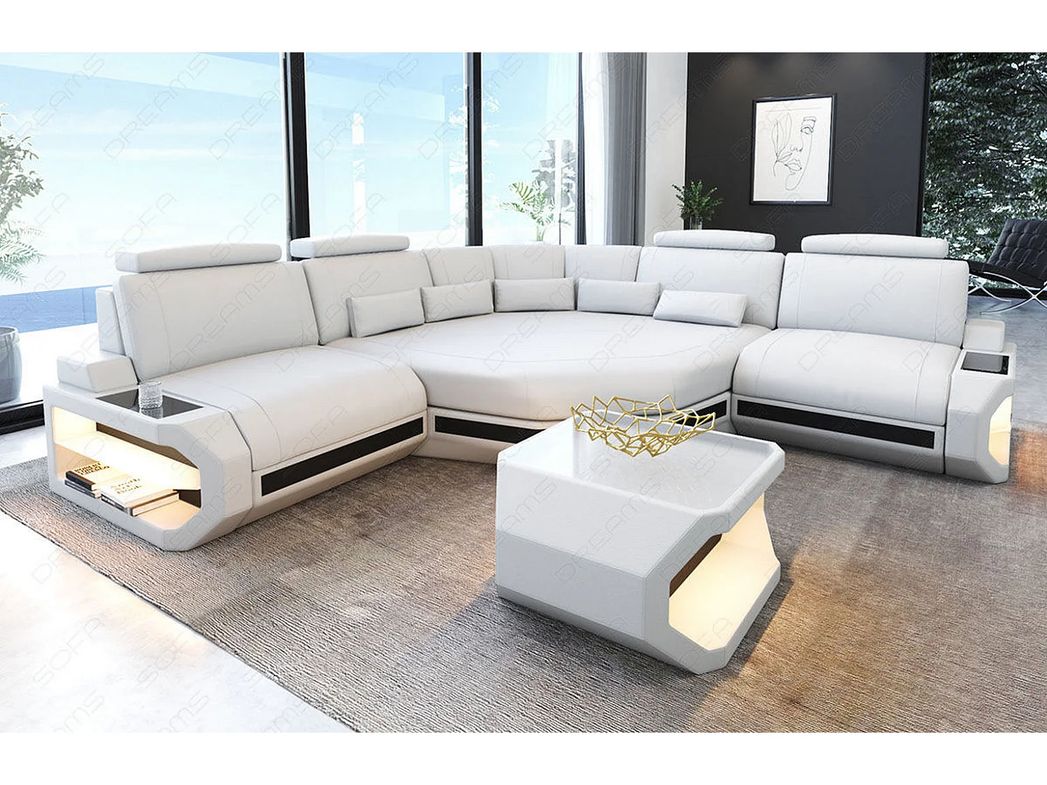 Ledersofa Asti L Mini Kunstleder Weiß Schwarz