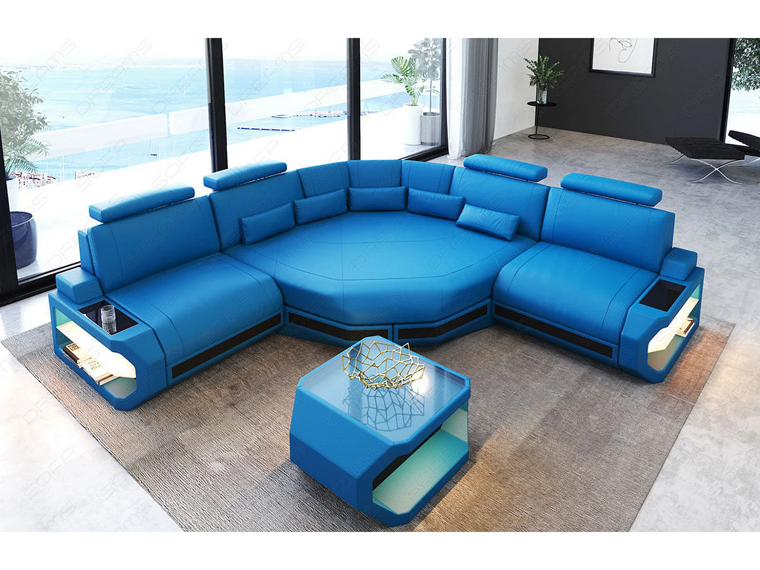 Ledersofa Asti L Mini Ledermix Blau Schwarz