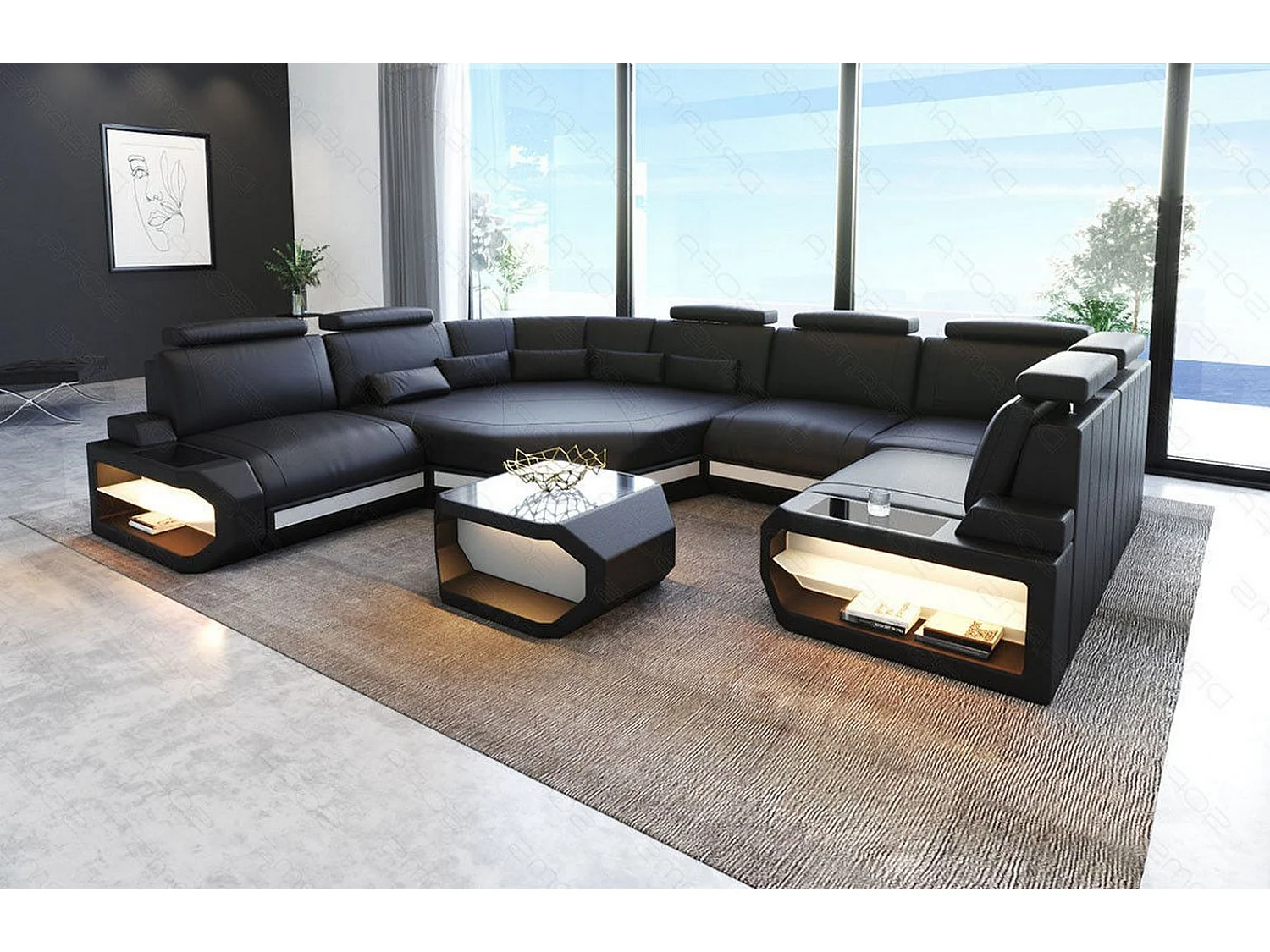 Mini Sofa Asti U Leder Ledermix Schwarz Weiß Links