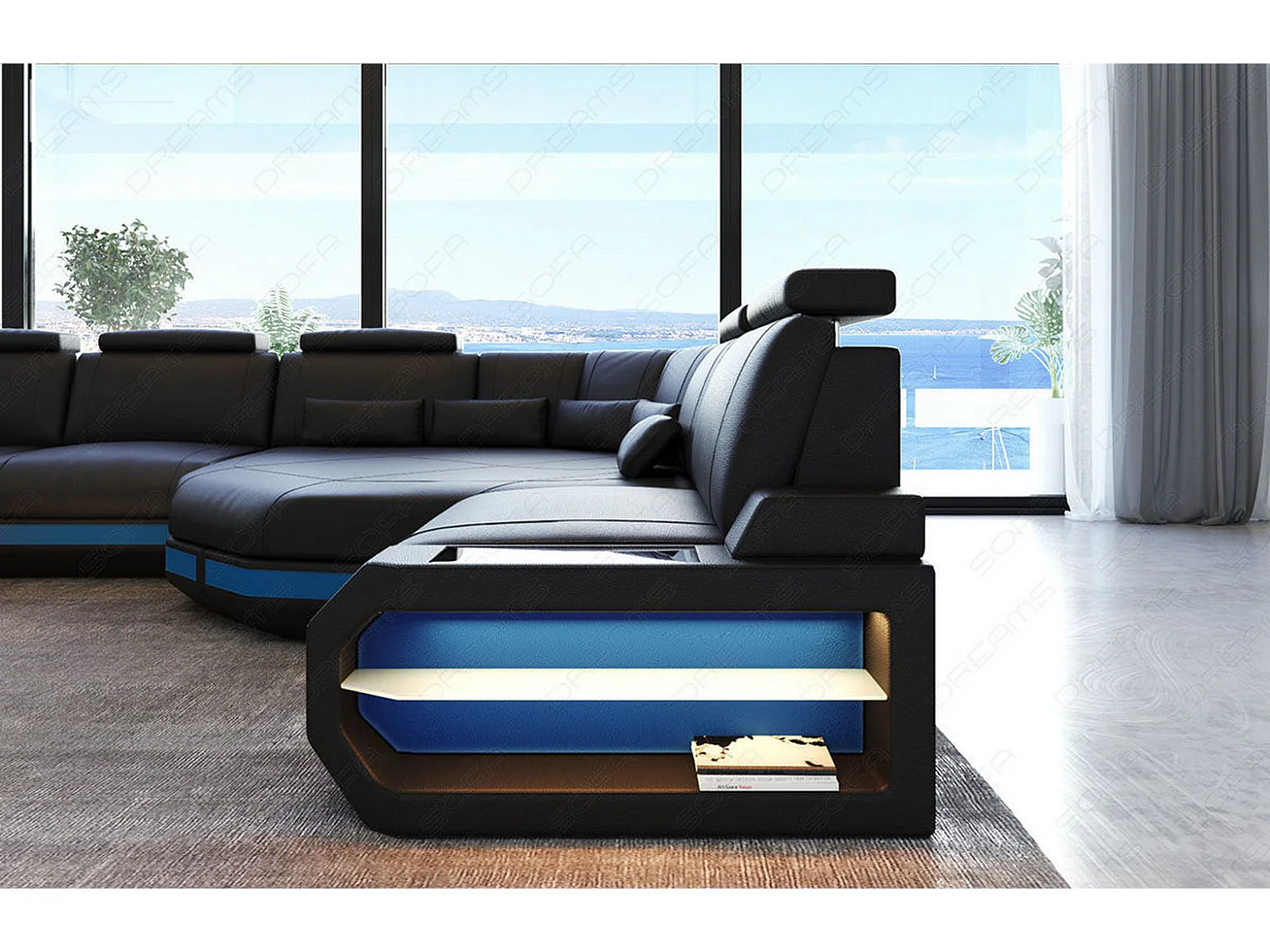 Mini Sofa Asti U Leder Kunstleder Schwarz Blau Rechts