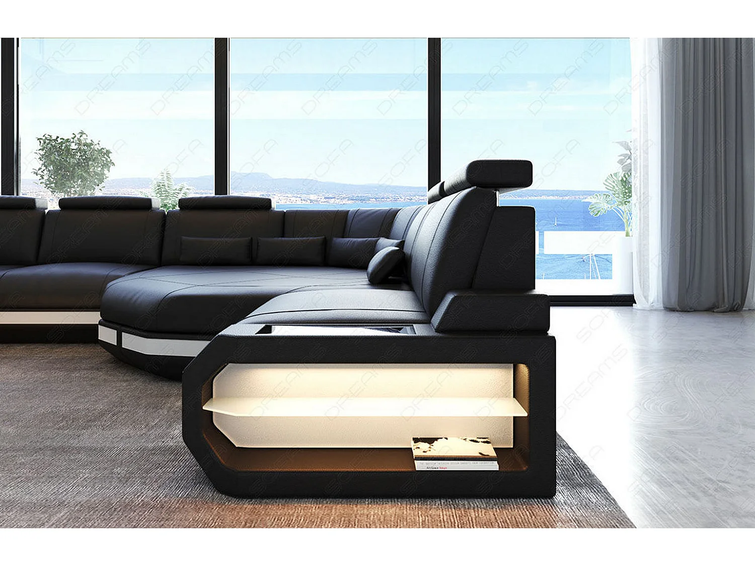 Mini Sofa Asti U Leder Kunstleder Schwarz Weiß Rechts