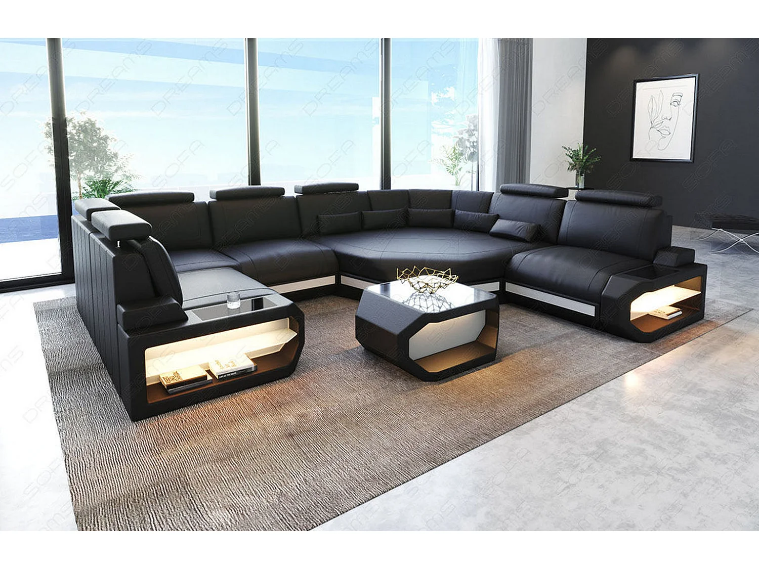 Mini Sofa Asti U Leder Kunstleder Schwarz Weiß Rechts