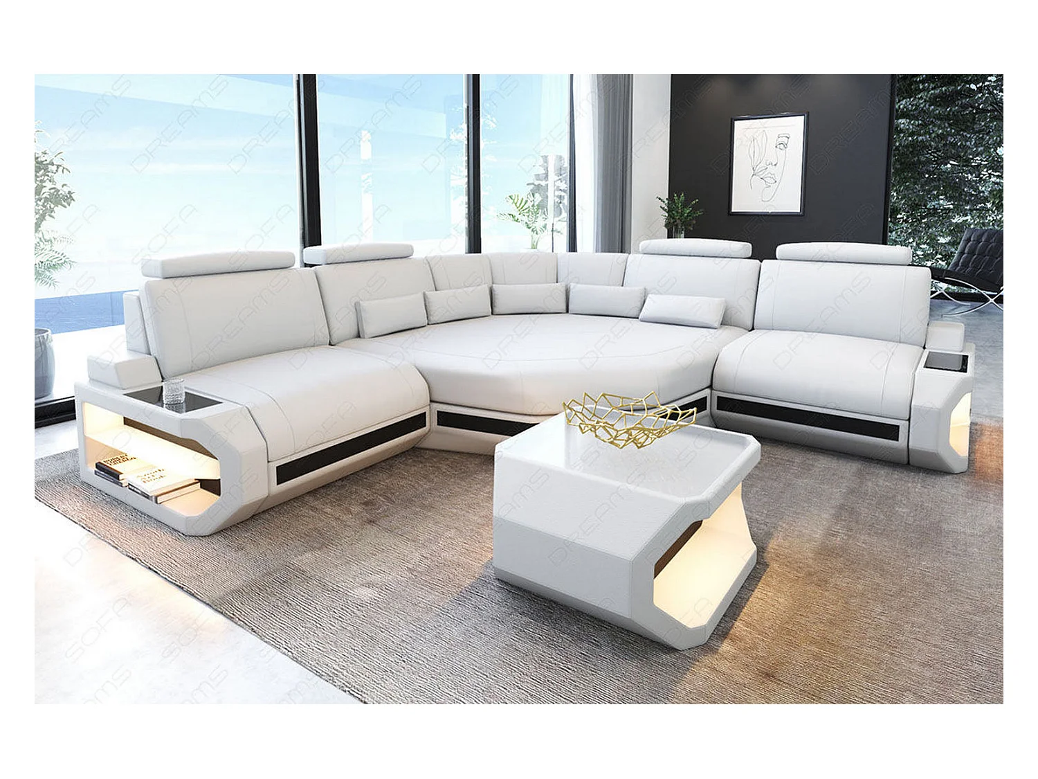 Ledersofa Asti L Mini Ledermix Weiß Schwarz