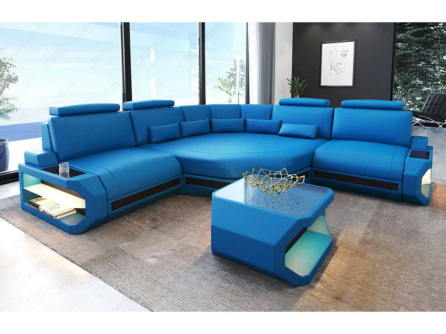 Ledersofa Asti L Mini Echtleder Blau Schwarz