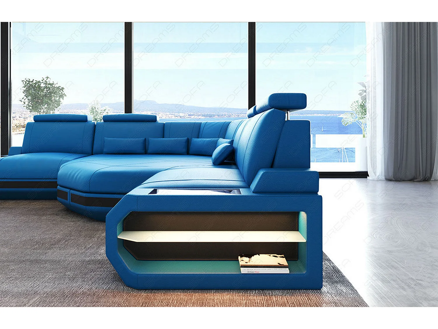 Ledersofa Asti L Mini Echtleder Blau Schwarz