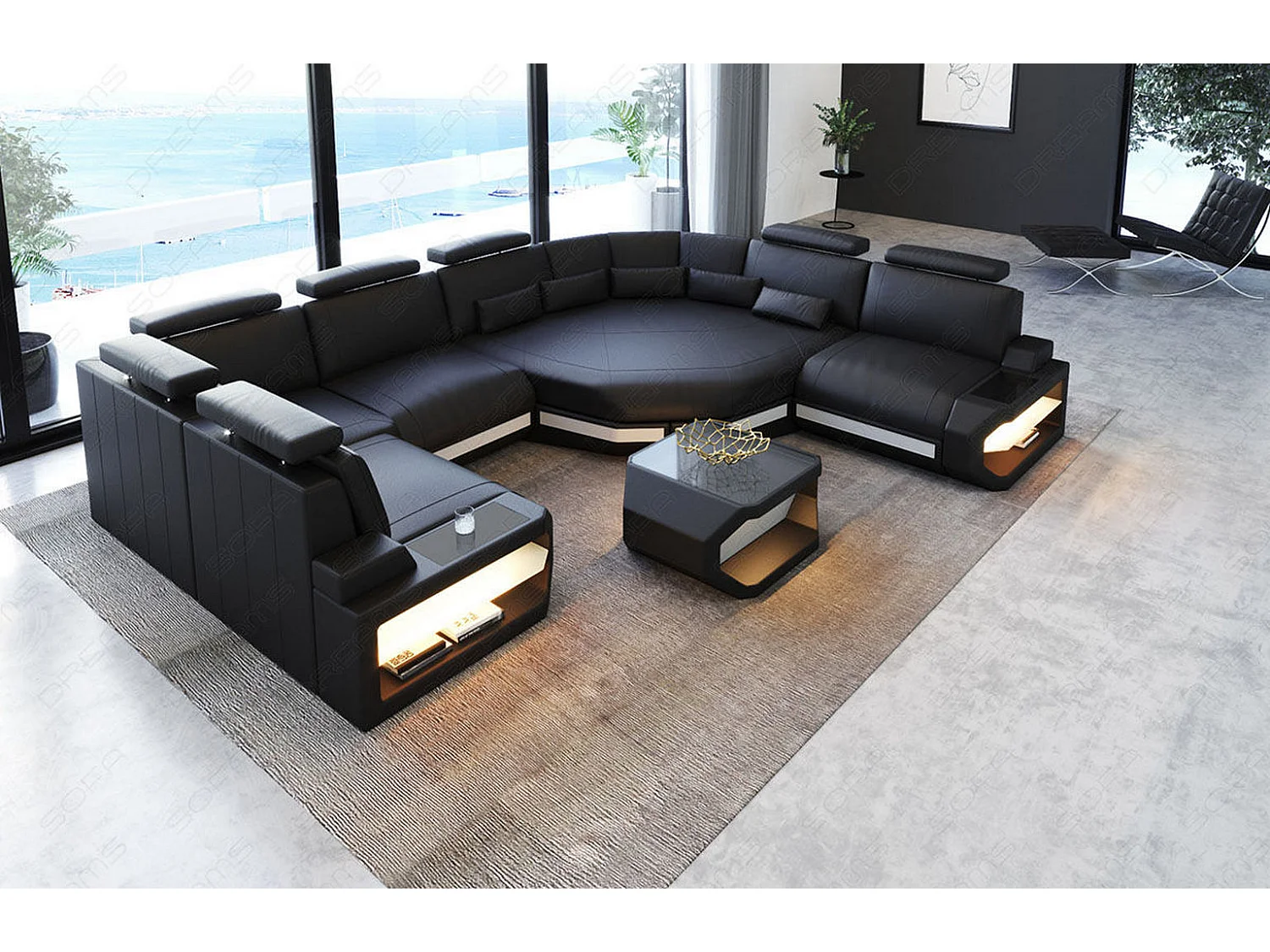 Mini Sofa Asti U Leder Ledermix Schwarz Weiß Rechts
