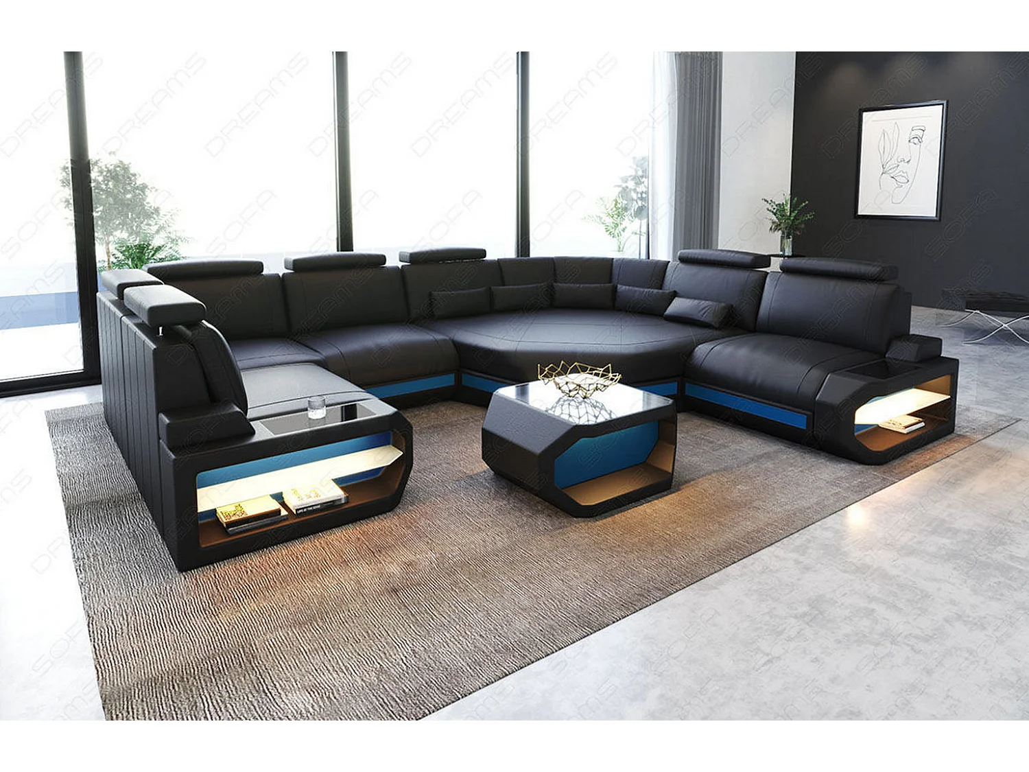 Mini Sofa Asti U Leder Ledermix Schwarz Blau Rechts