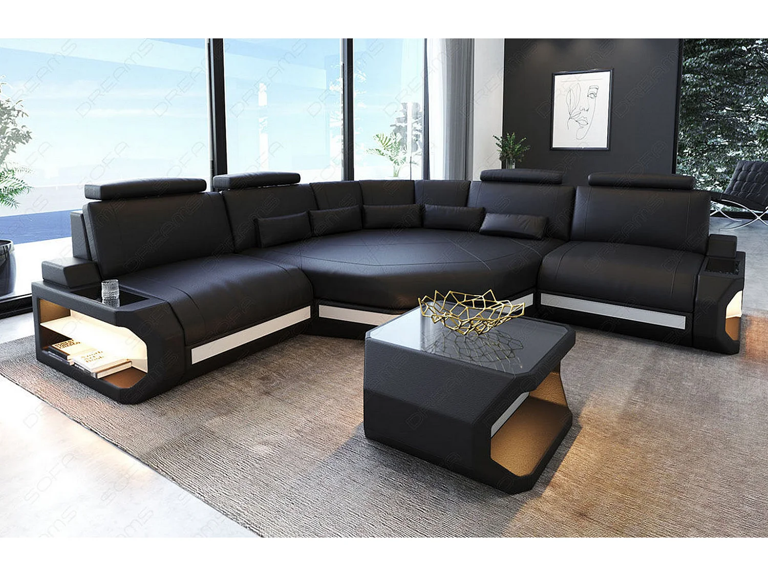 Ledersofa Asti L Mini Ledermix Schwarz Weiß