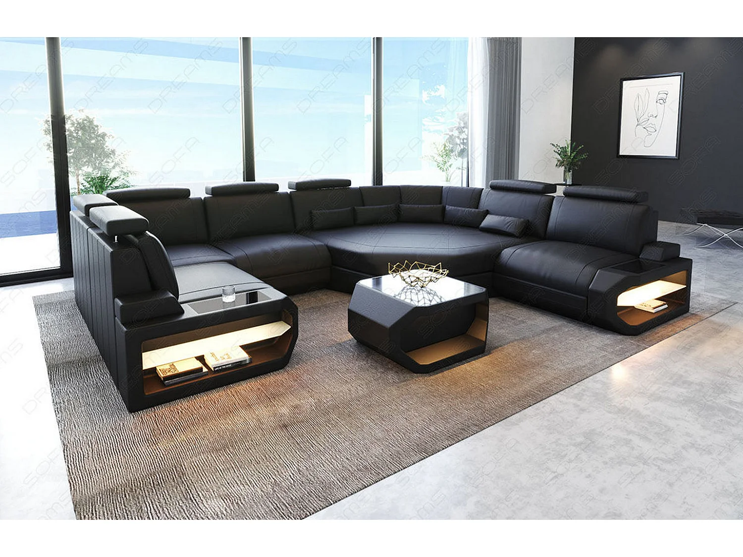 Mini Sofa Asti U Leder Kunstleder Schwarz Rechts