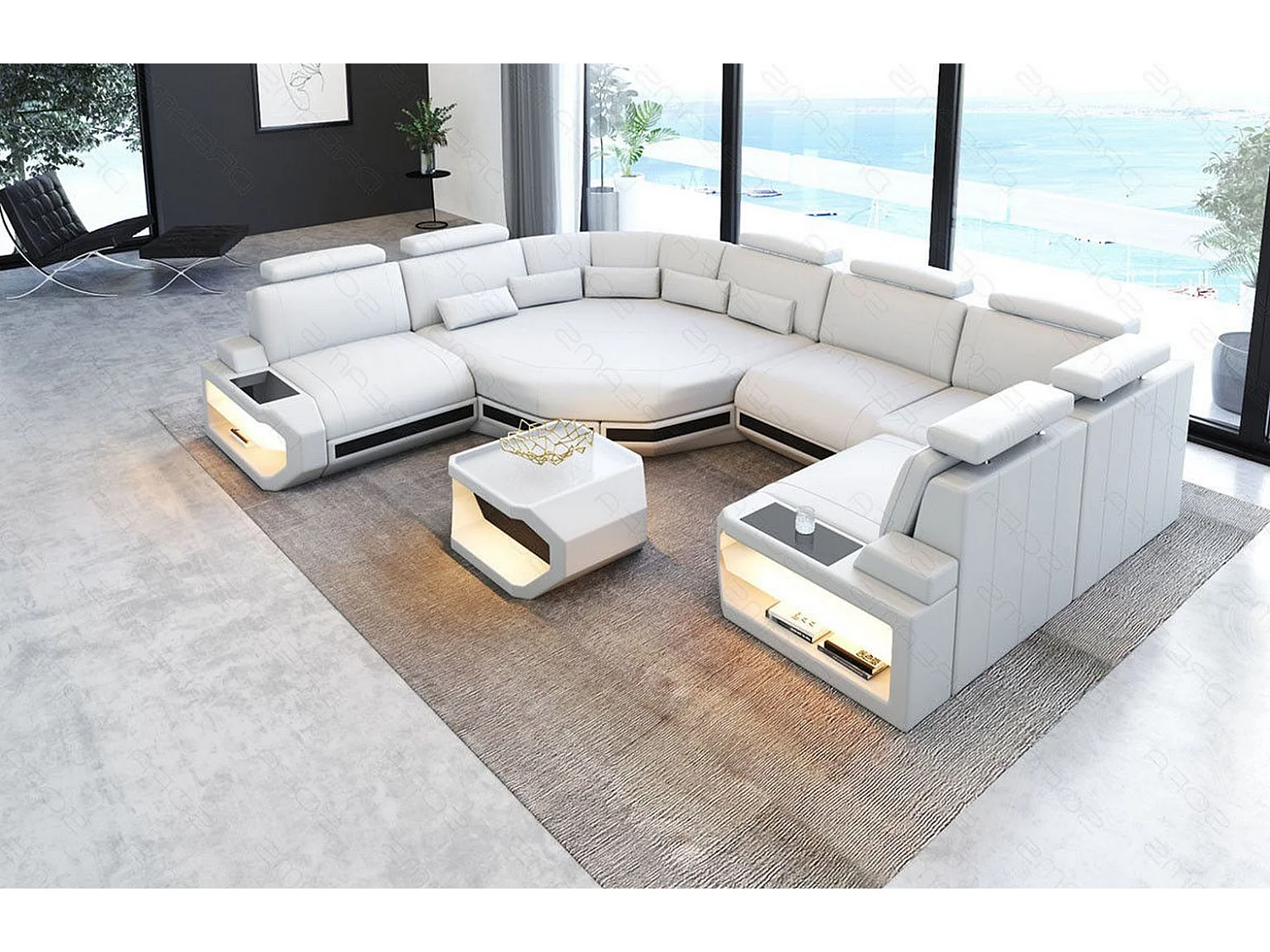 Mini Sofa Asti U Leder Kunstleder Weiß Schwarz Links