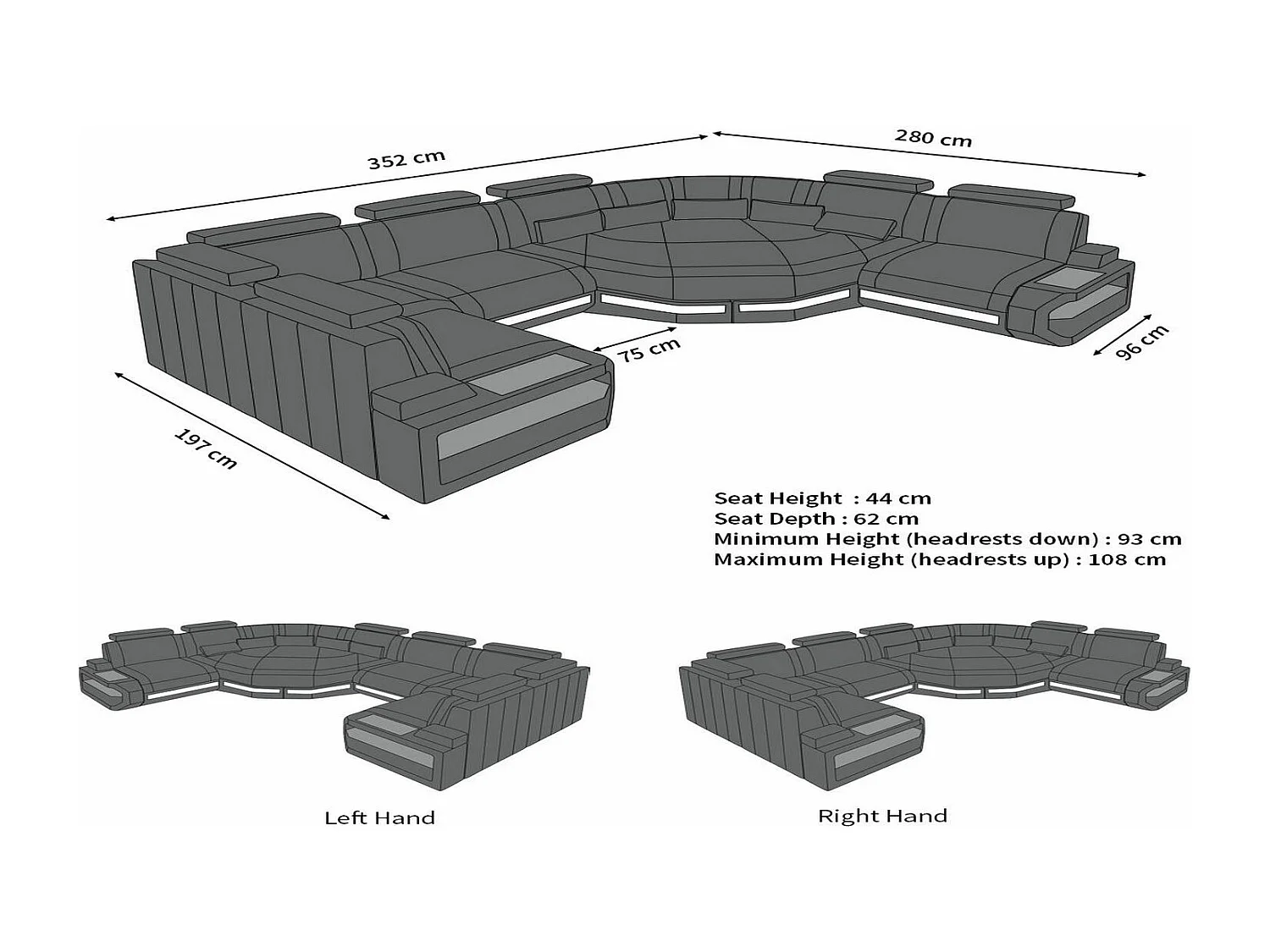 Mini Sofa Asti U Leder Echtleder Schwarz Rechts