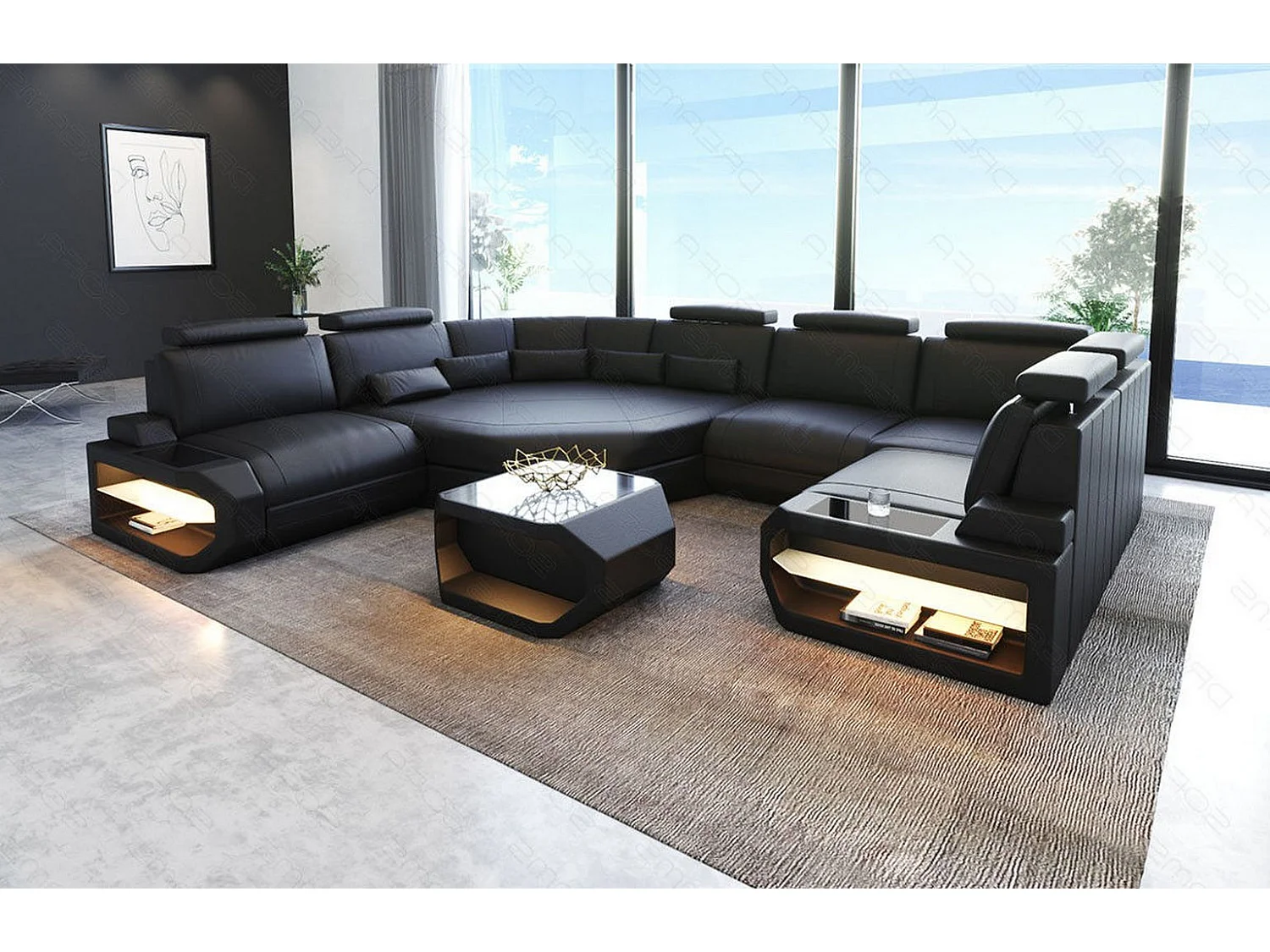 Mini Sofa Asti U Leder Echtleder Schwarz Links