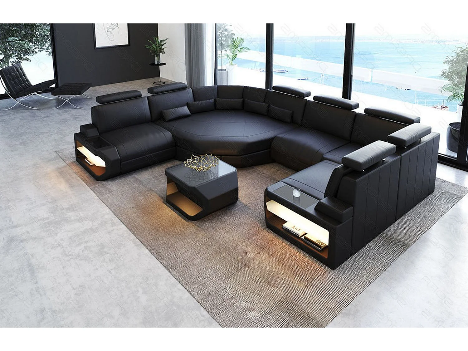 Mini Sofa Asti U Leder Echtleder Schwarz Links