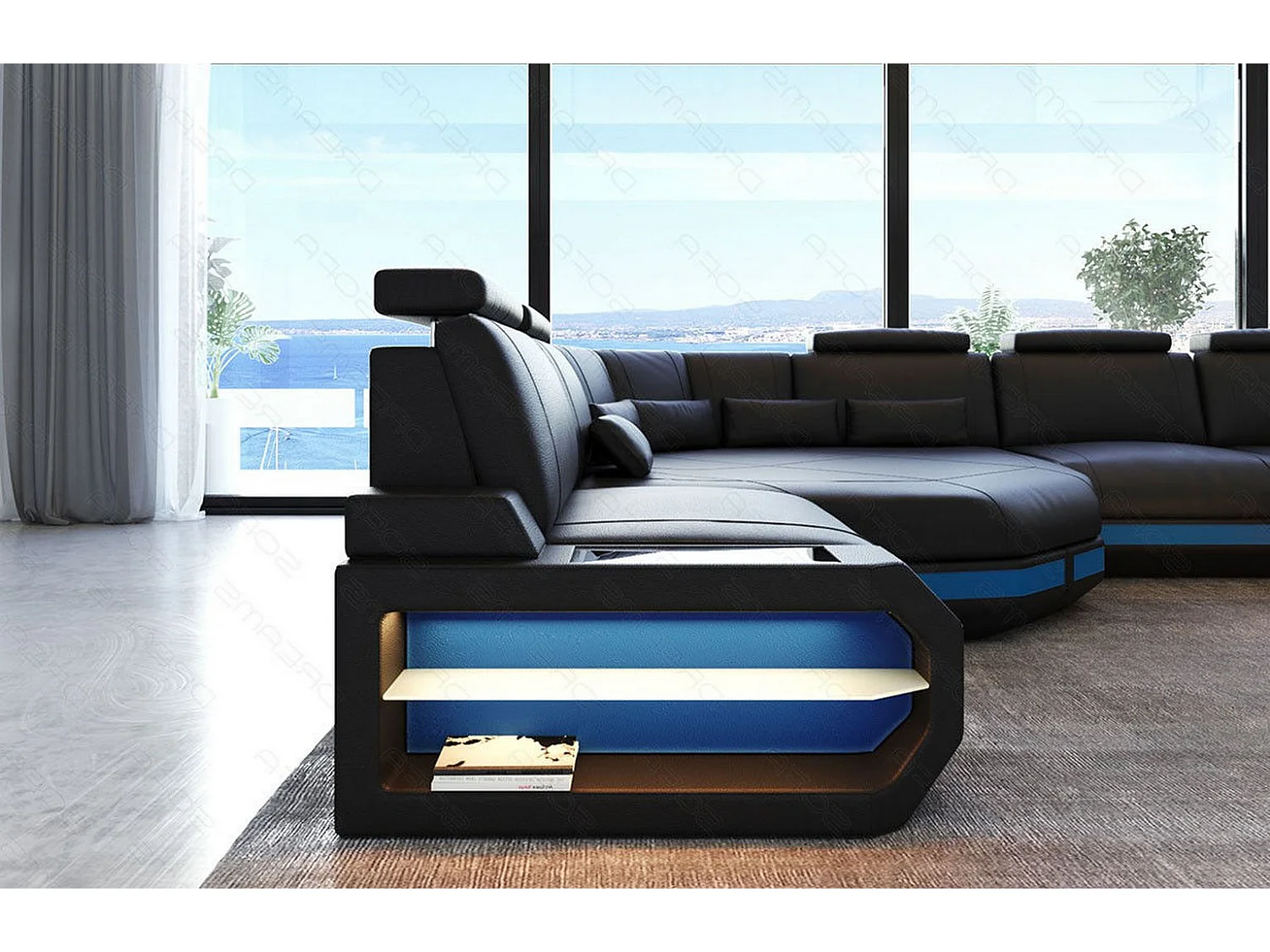 Mini Sofa Asti U Leder Kunstleder Schwarz Blau Links