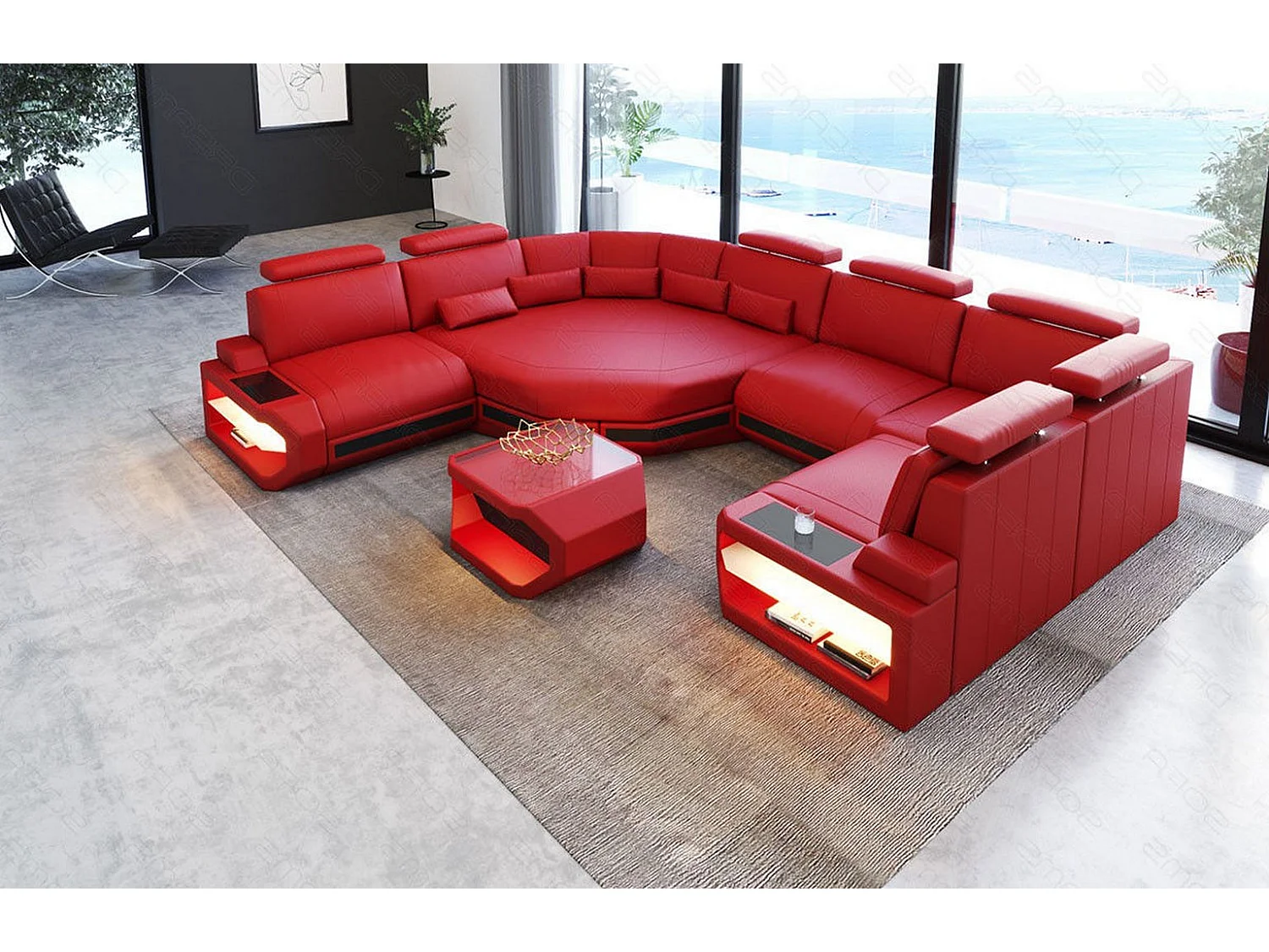 Mini Sofa Asti U Leder Echtleder Rot Schwarz Links
