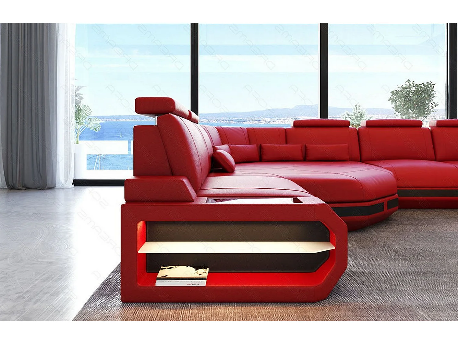 Mini Sofa Asti U Leder Echtleder Rot Schwarz Links