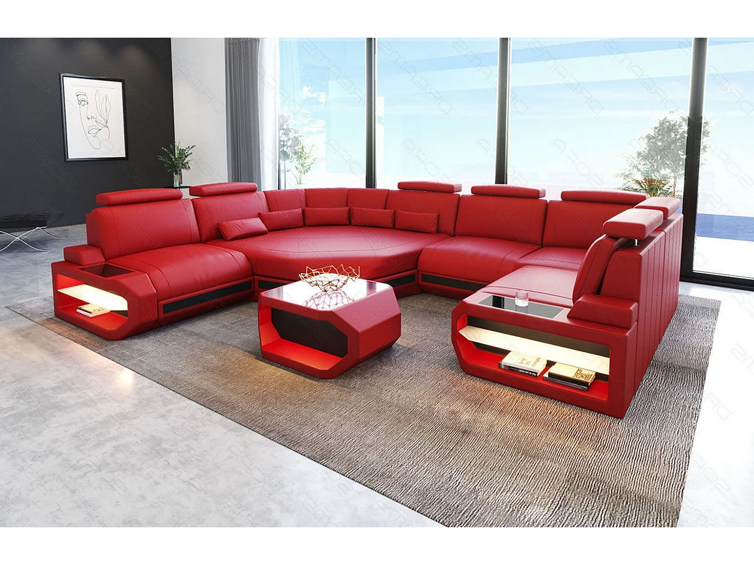 Mini Sofa Asti U Leder Ledermix Rot Schwarz Links