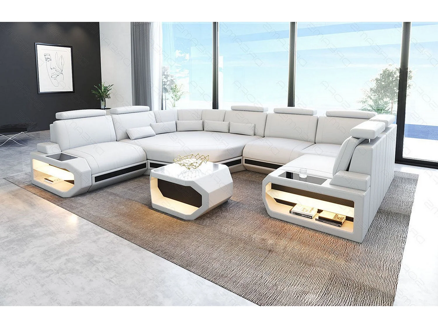 Mini Sofa Asti U Leder Ledermix Weiß Schwarz Links