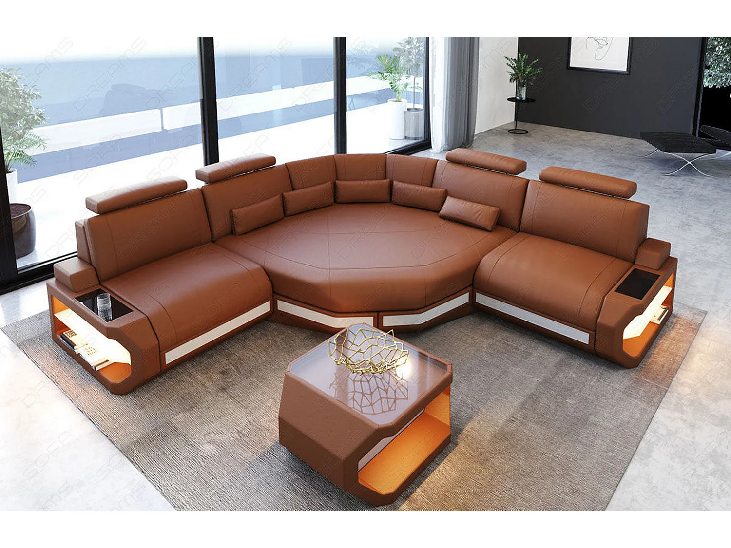 Ledersofa Asti L Mini Kunstleder Braun Weiß