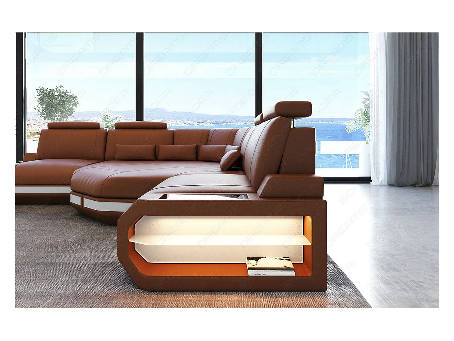 Ledersofa Asti L Mini Kunstleder Braun Weiß