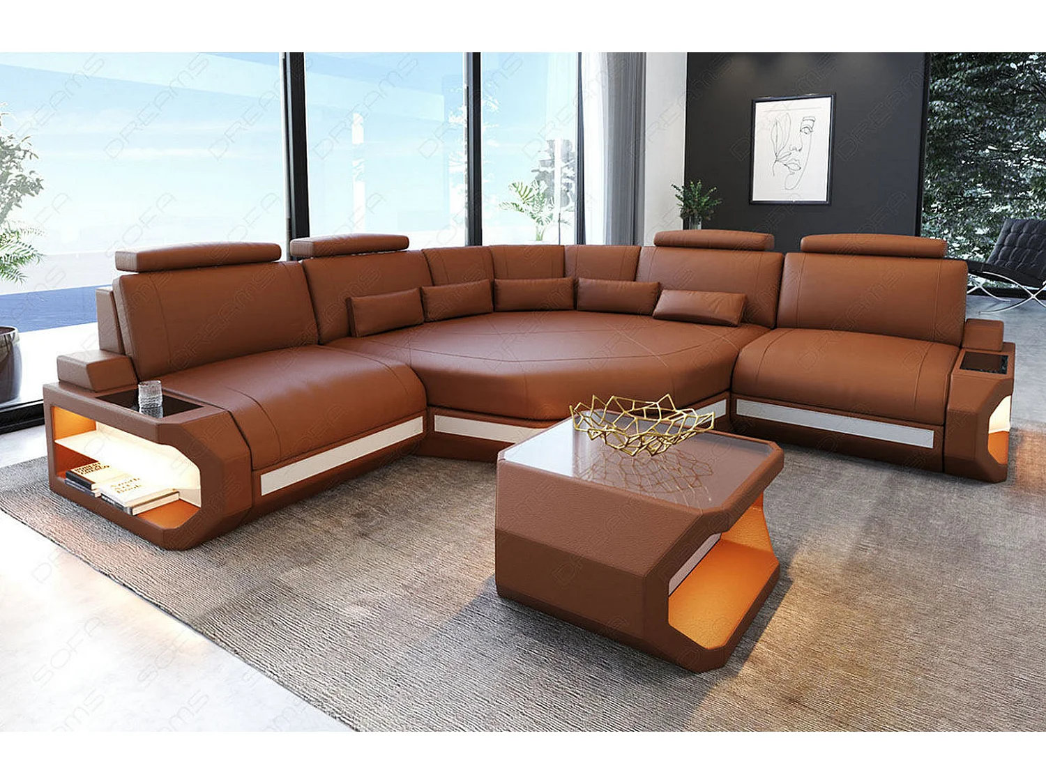 Ledersofa Asti L Mini Kunstleder Braun Weiß