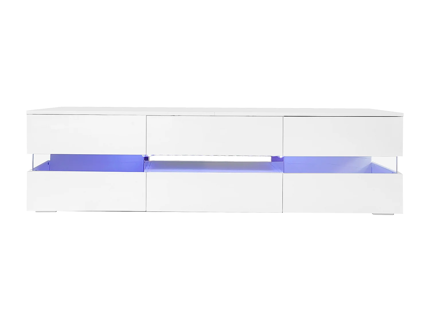Mueble TV moderno lacado en blanco, 160x39x45 cm, con iluminación LED, 2 puertas, 1 cajón, abierto, blanco