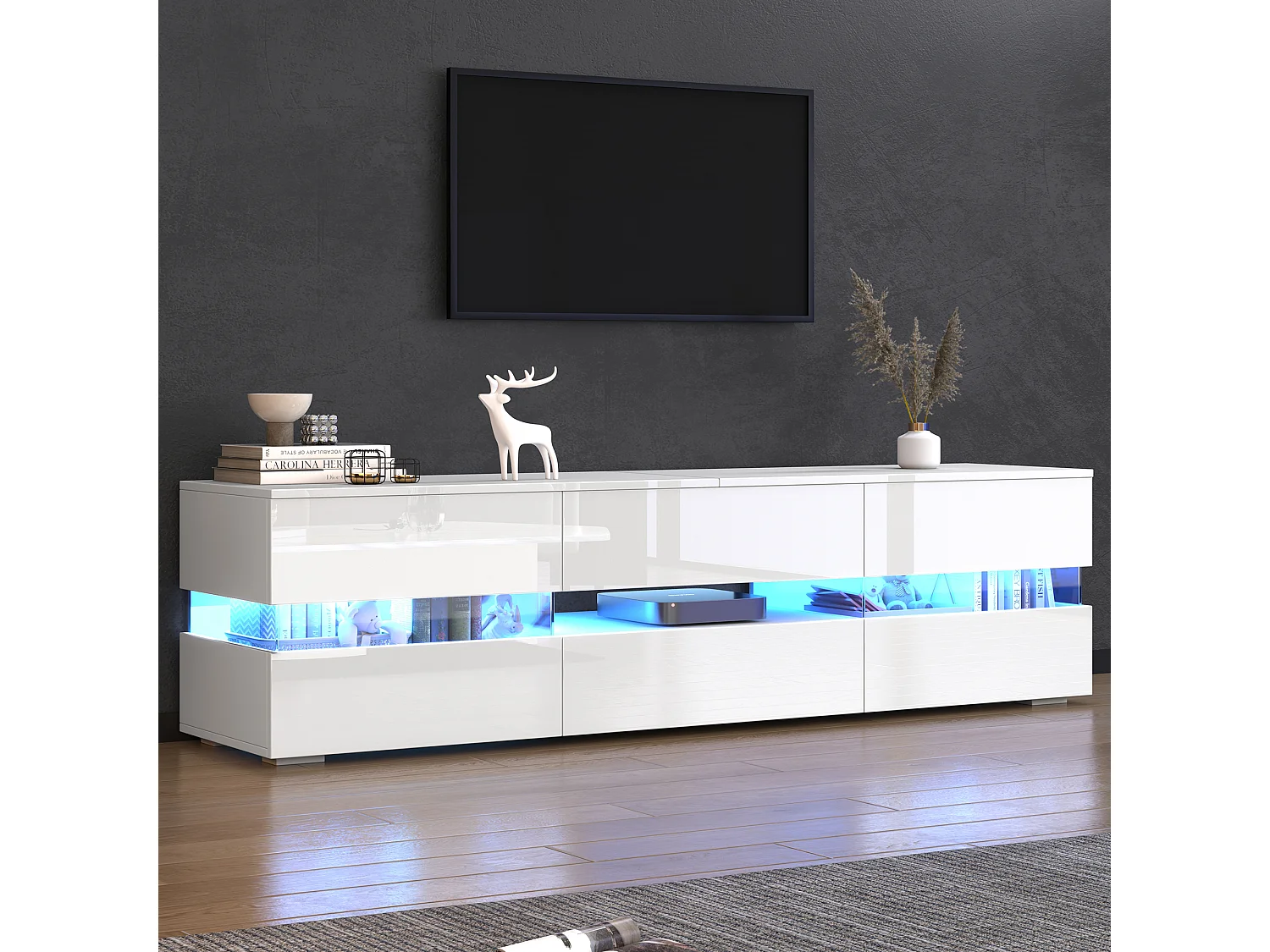 Mueble TV moderno lacado en blanco, 160x39x45 cm, con iluminación LED, 2 puertas, 1 cajón, abierto, blanco