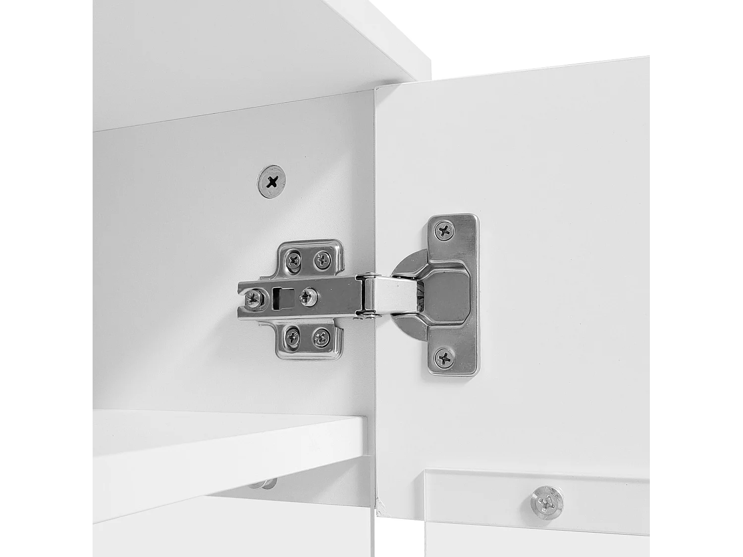 Mueble TV moderno lacado en blanco, 160x39x45 cm, con iluminación LED, 2 puertas, 1 cajón, abierto, blanco
