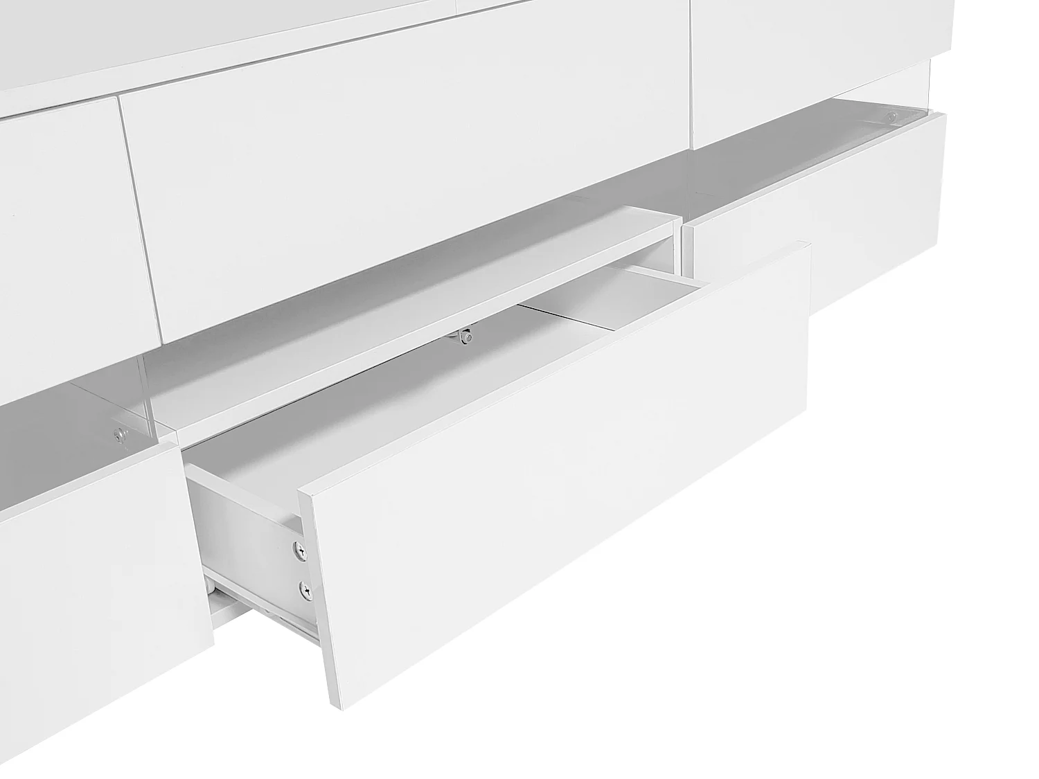 Mueble TV moderno lacado en blanco, 160x39x45 cm, con iluminación LED, 2 puertas, 1 cajón, abierto, blanco