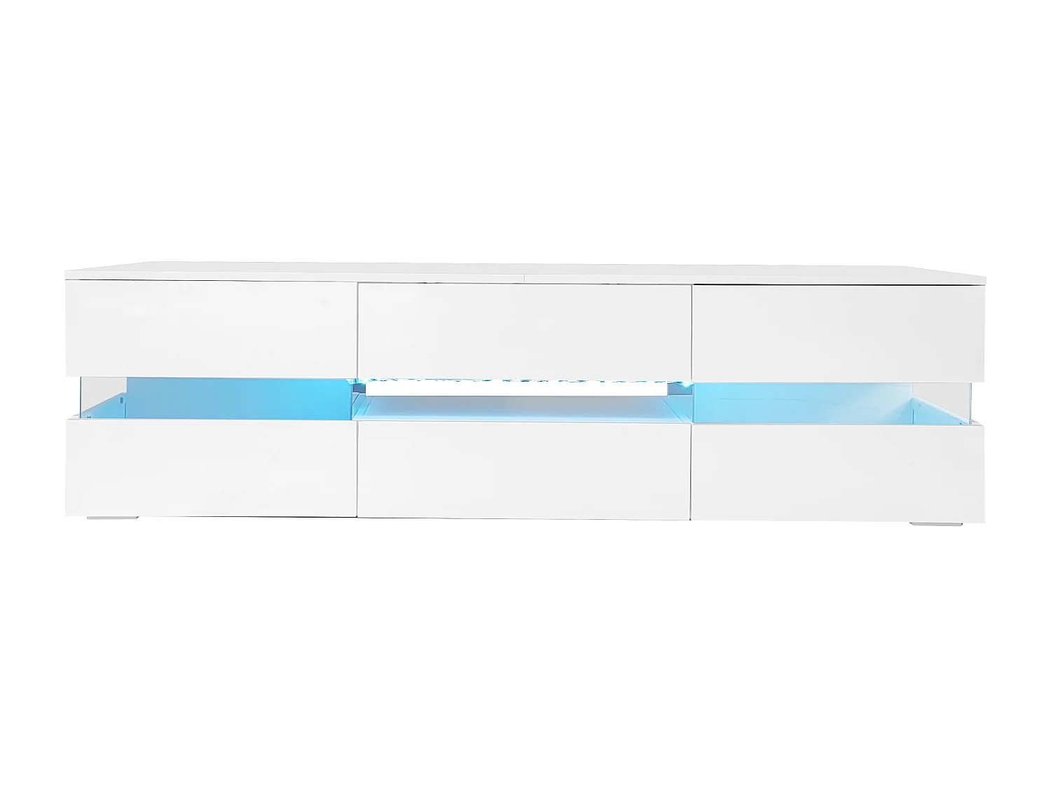 Mueble TV moderno lacado en blanco, 160x39x45 cm, con iluminación LED, 2 puertas, 1 cajón, abierto, blanco