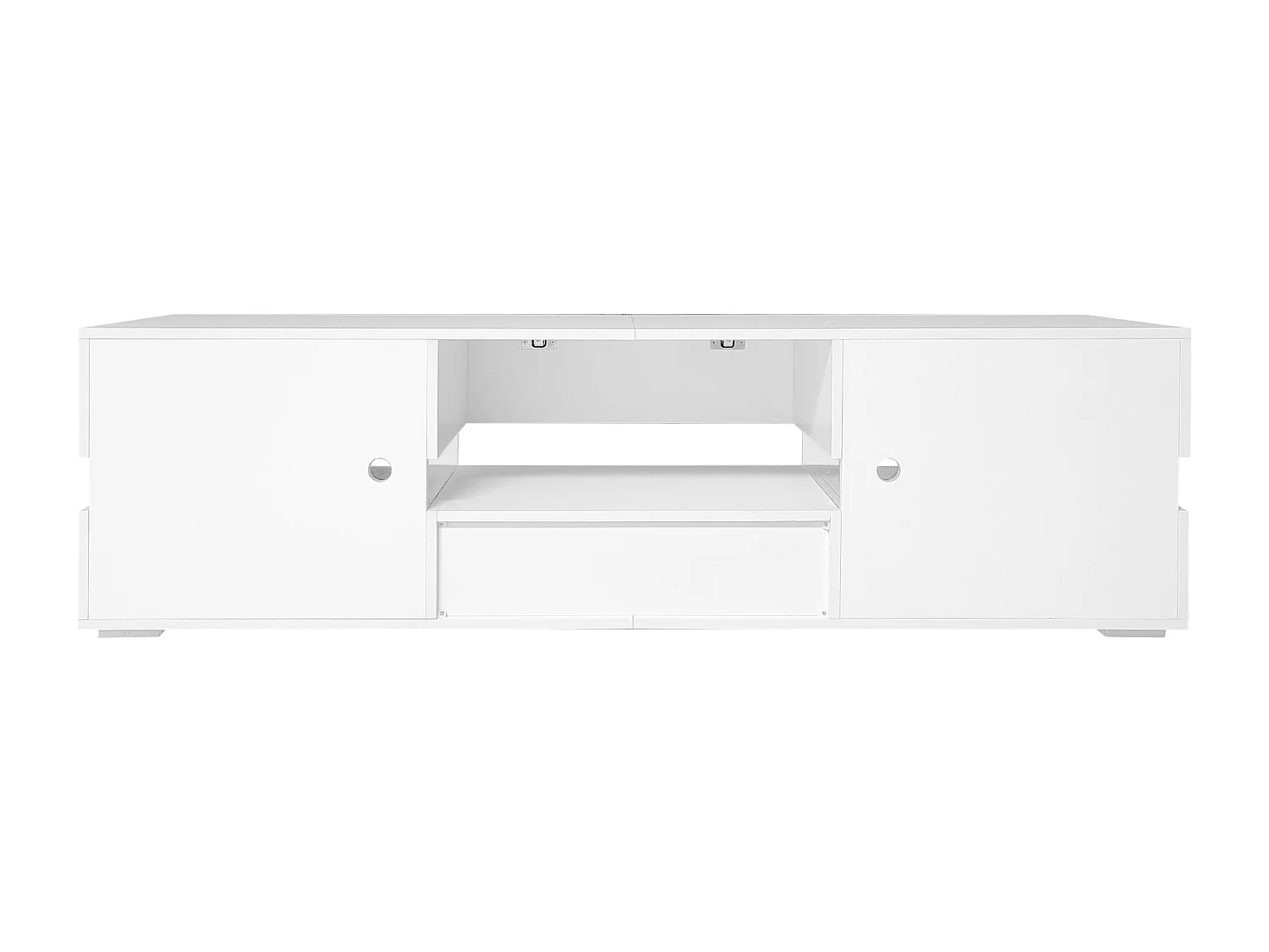 Mueble TV moderno lacado en blanco, 160x39x45 cm, con iluminación LED, 2 puertas, 1 cajón, abierto, blanco