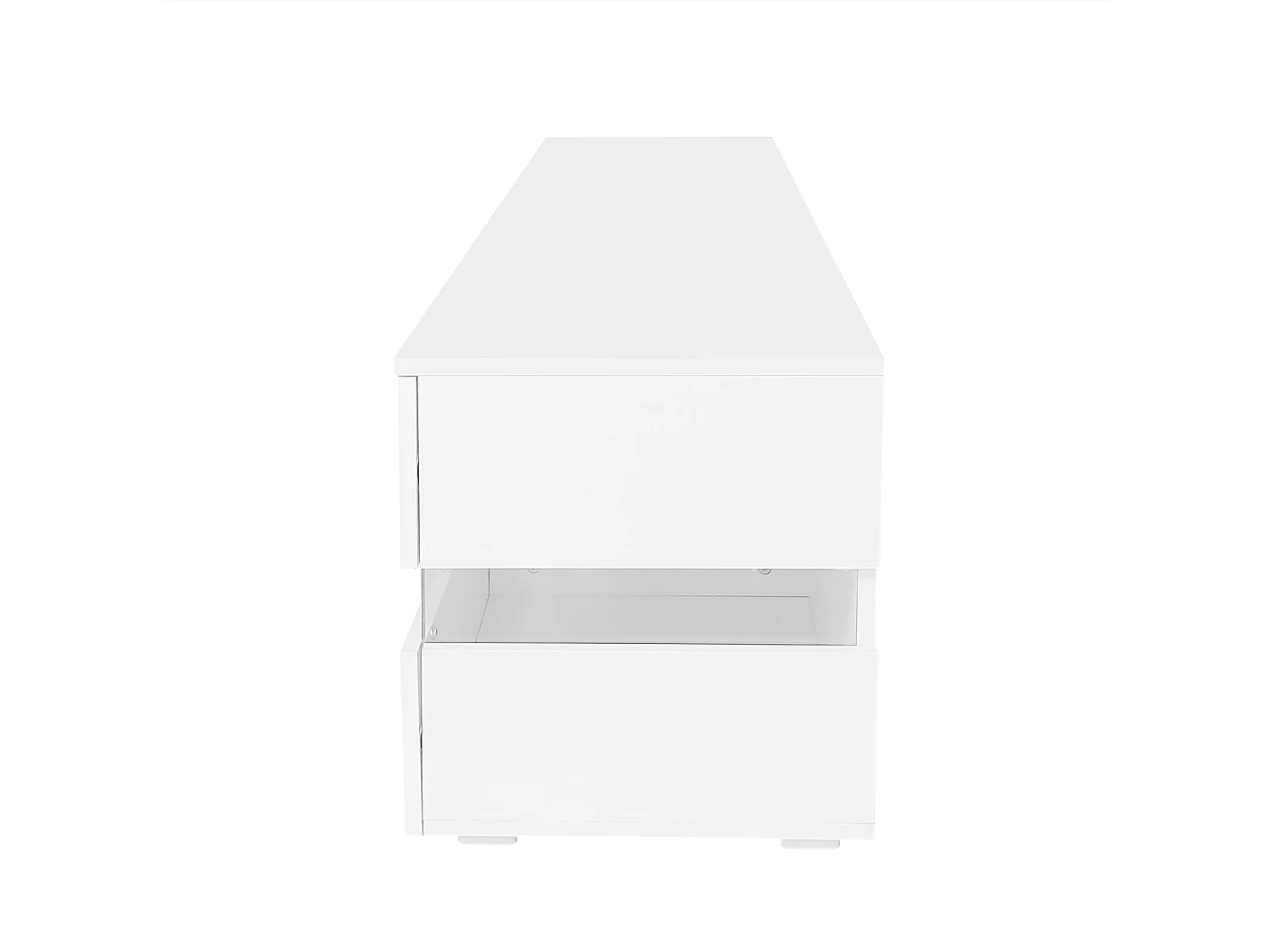Mueble TV moderno lacado en blanco, 160x39x45 cm, con iluminación LED, 2 puertas, 1 cajón, abierto, blanco