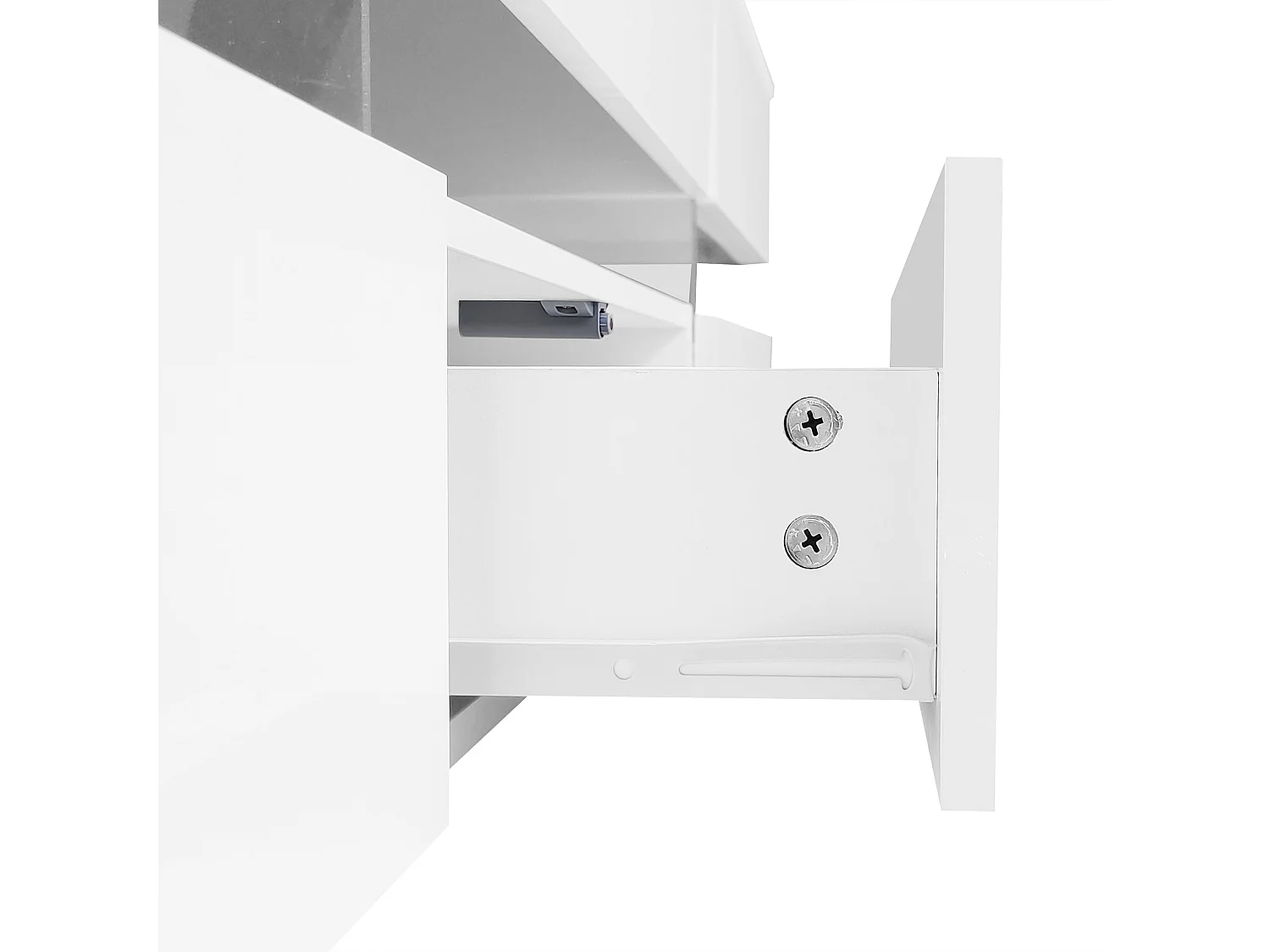 Mueble TV moderno lacado en blanco, 160x39x45 cm, con iluminación LED, 2 puertas, 1 cajón, abierto, blanco