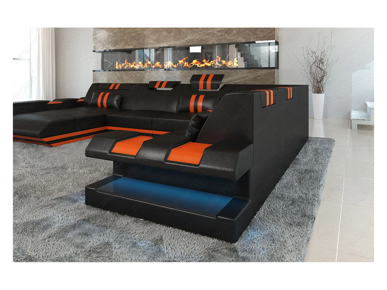 XXL Leder Wohnlandschaft Apollonia EL Schwarz Orange Links