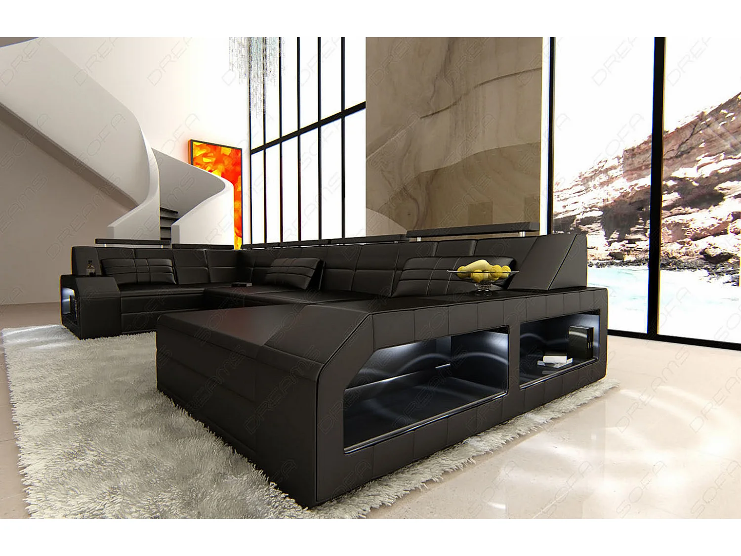 Sofa Arezzo U Leder Ledermix Schwarz Rechts