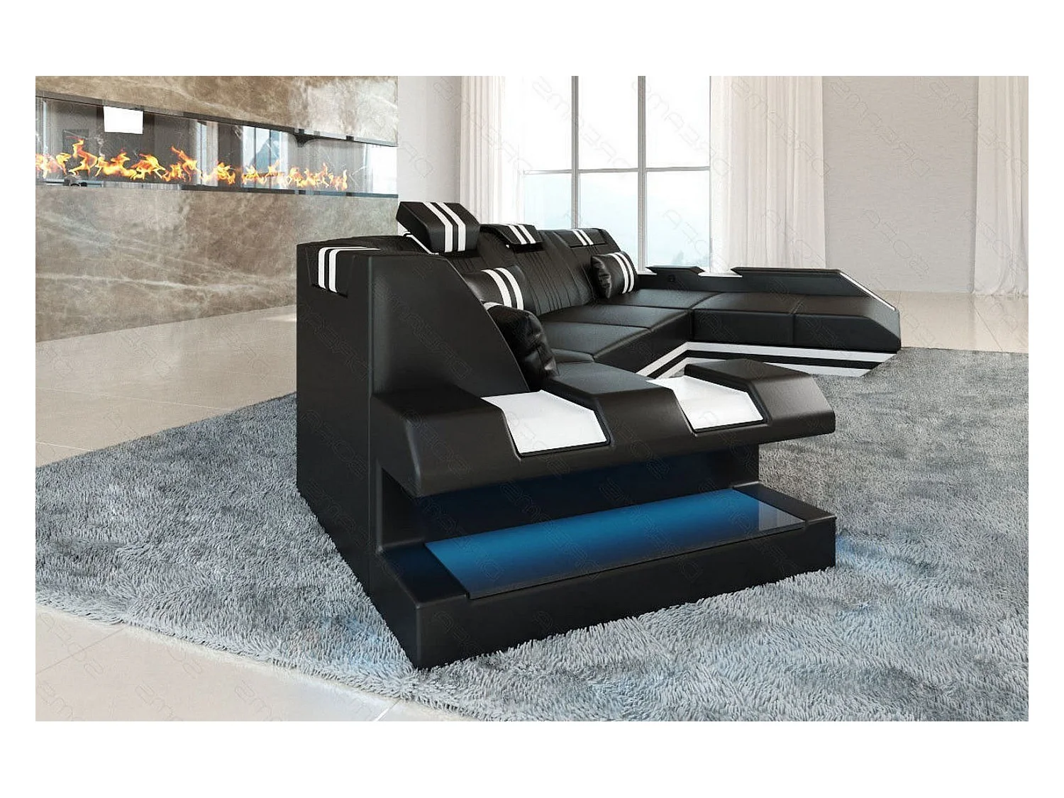Ledersofa Apollonia C Form Büffelleder Schwarz Weiß Rechts