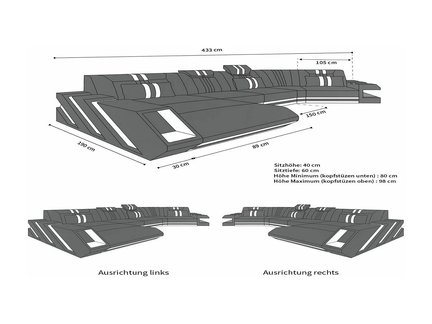 Ledersofa Apollonia C Form Büffelleder Schwarz Weiß Rechts