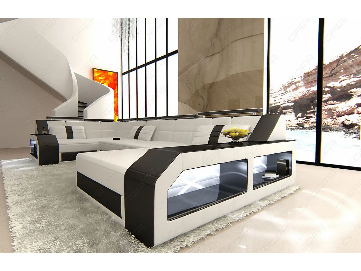 Sofa Arezzo U Leder Ledermix Weiß Schwarz Rechts