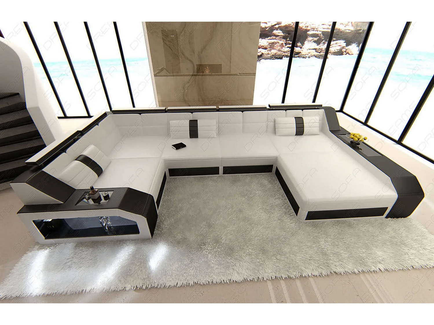 Sofa Arezzo U Leder Ledermix Weiß Schwarz Rechts