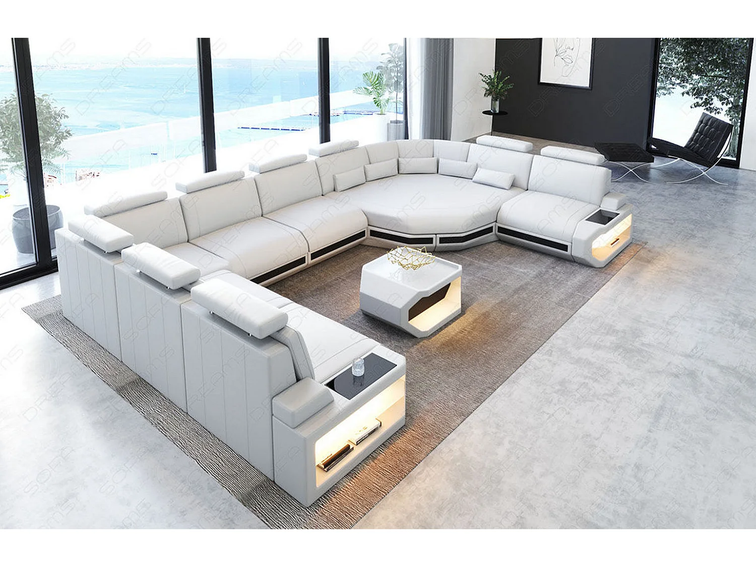 Sofa Asti U Leder Ledermix Weiß Schwarz Links