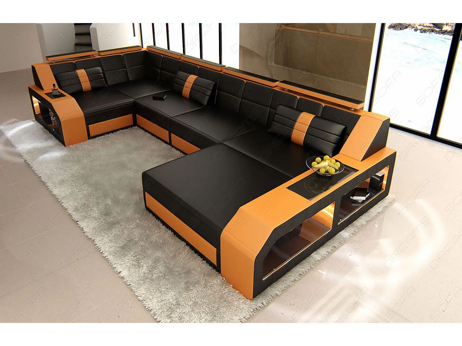 Sofa Arezzo U Leder Ledermix Schwarz Orange Rechts