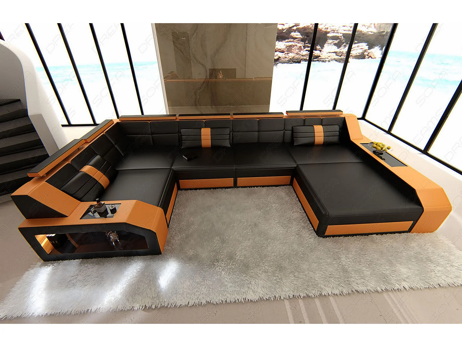 Sofa Arezzo U Leder Ledermix Schwarz Orange Rechts