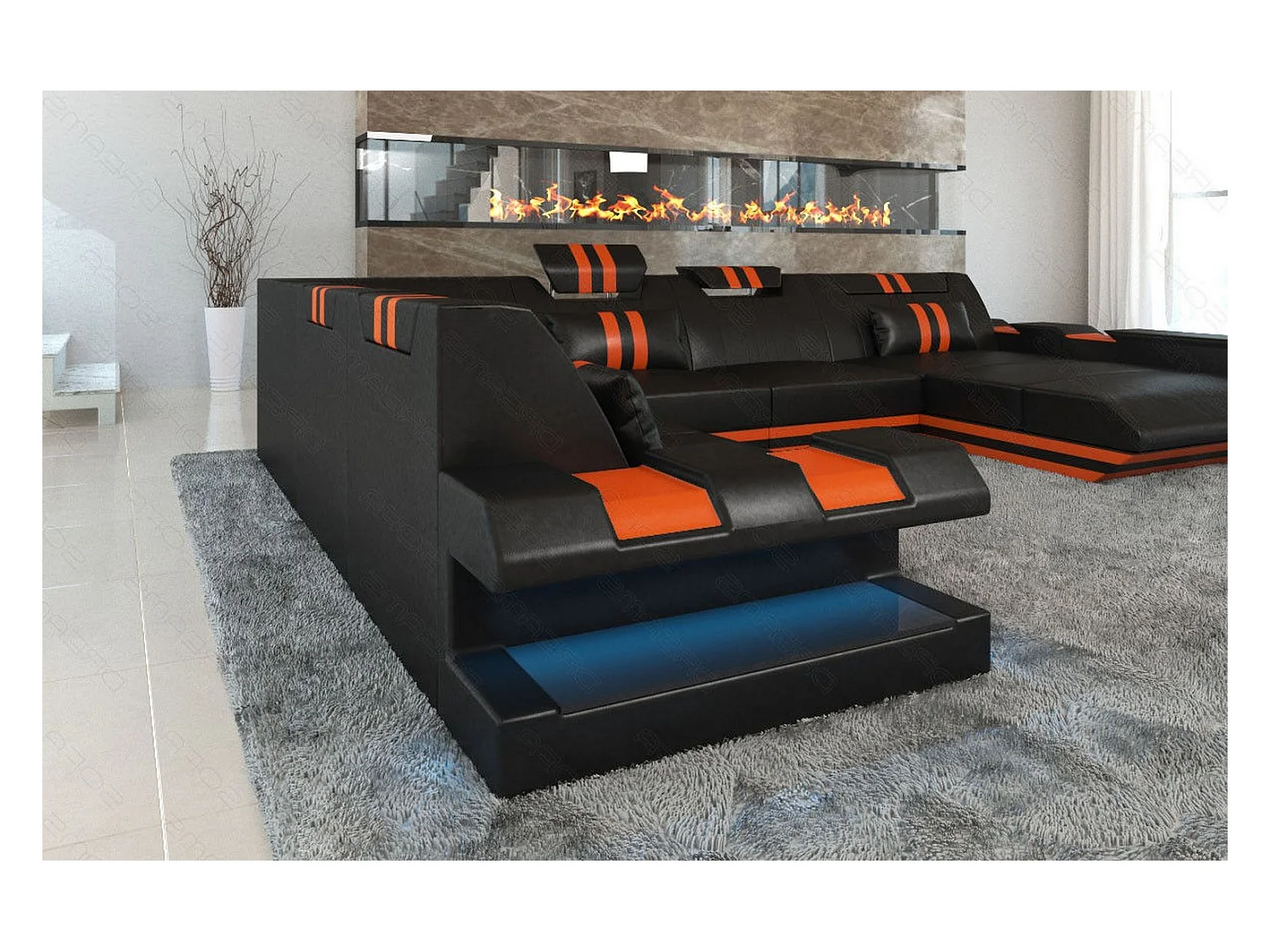 XXL Leder Wohnlandschaft Apollonia EM Schwarz Orange Rechts