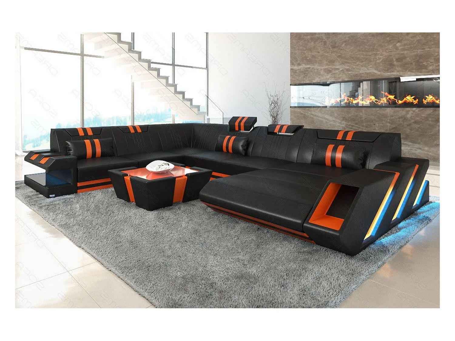 XXL Leder Wohnlandschaft Apollonia EM Schwarz Orange Rechts