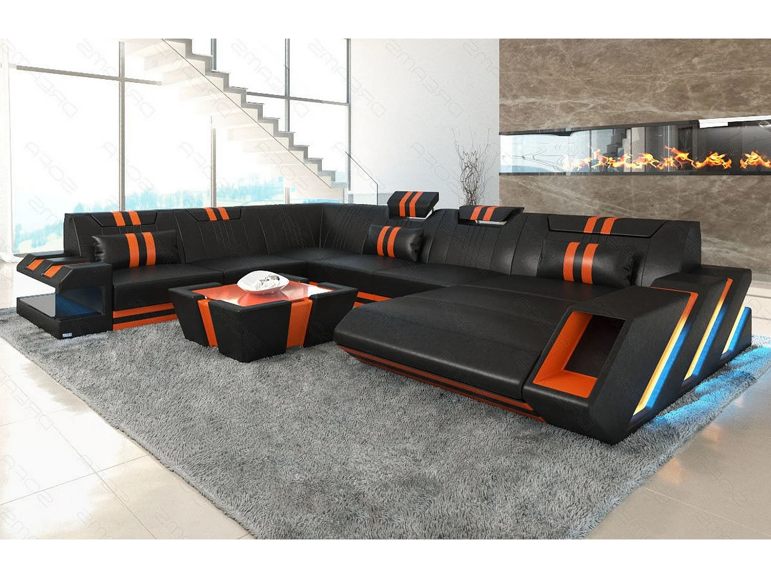 XXL Leder Wohnlandschaft Apollonia EM Schwarz Orange Rechts