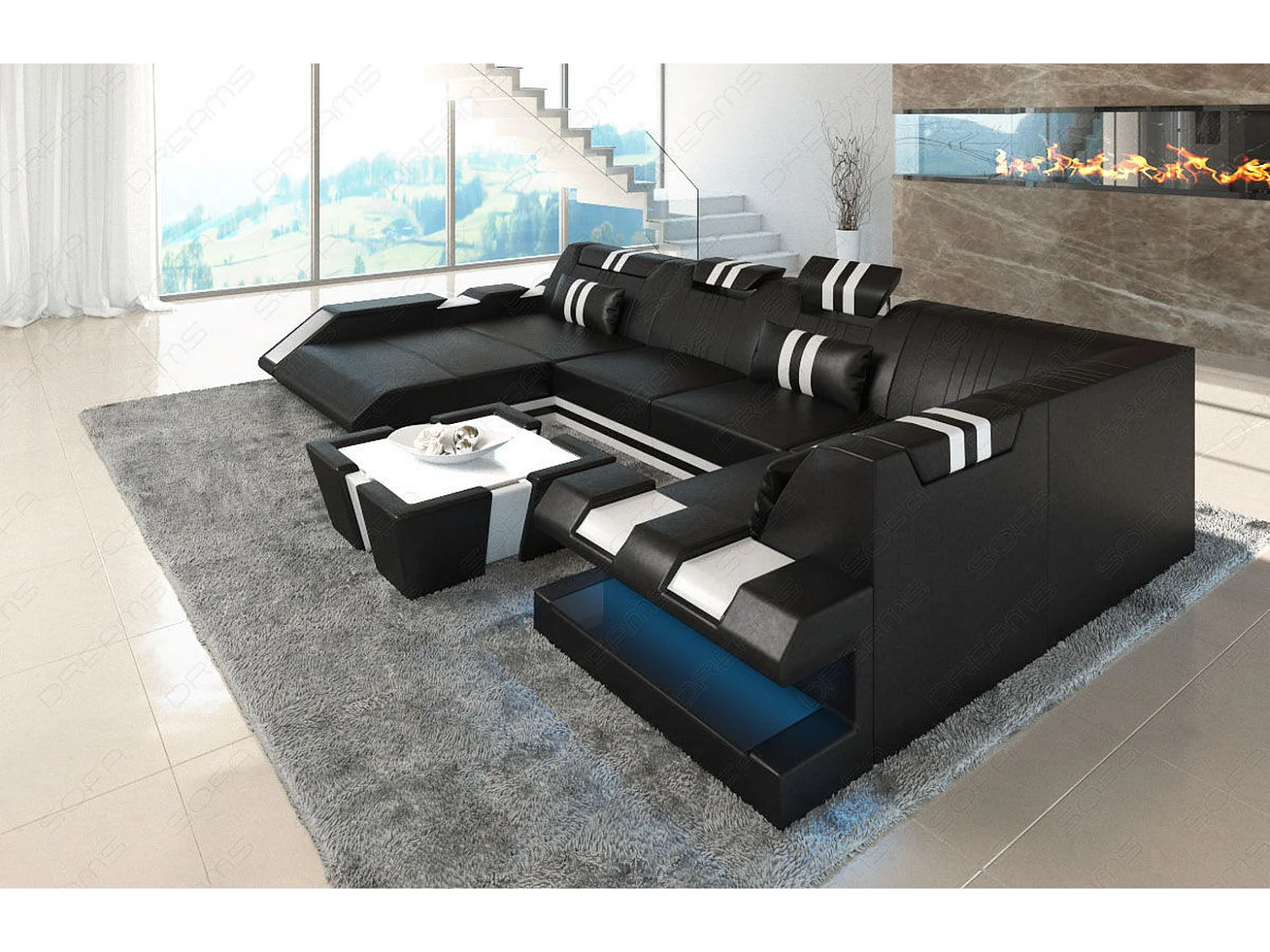 Ledersofa Apollonia U Form EM Schwarz Weiß Links