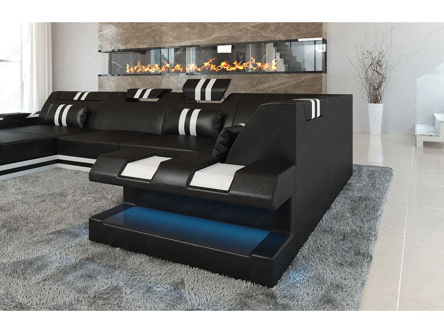 Ledersofa Apollonia U Form EM Schwarz Weiß Links